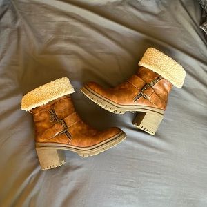 Brown short boots with 1 1/2 in. heel. Womens size 6
